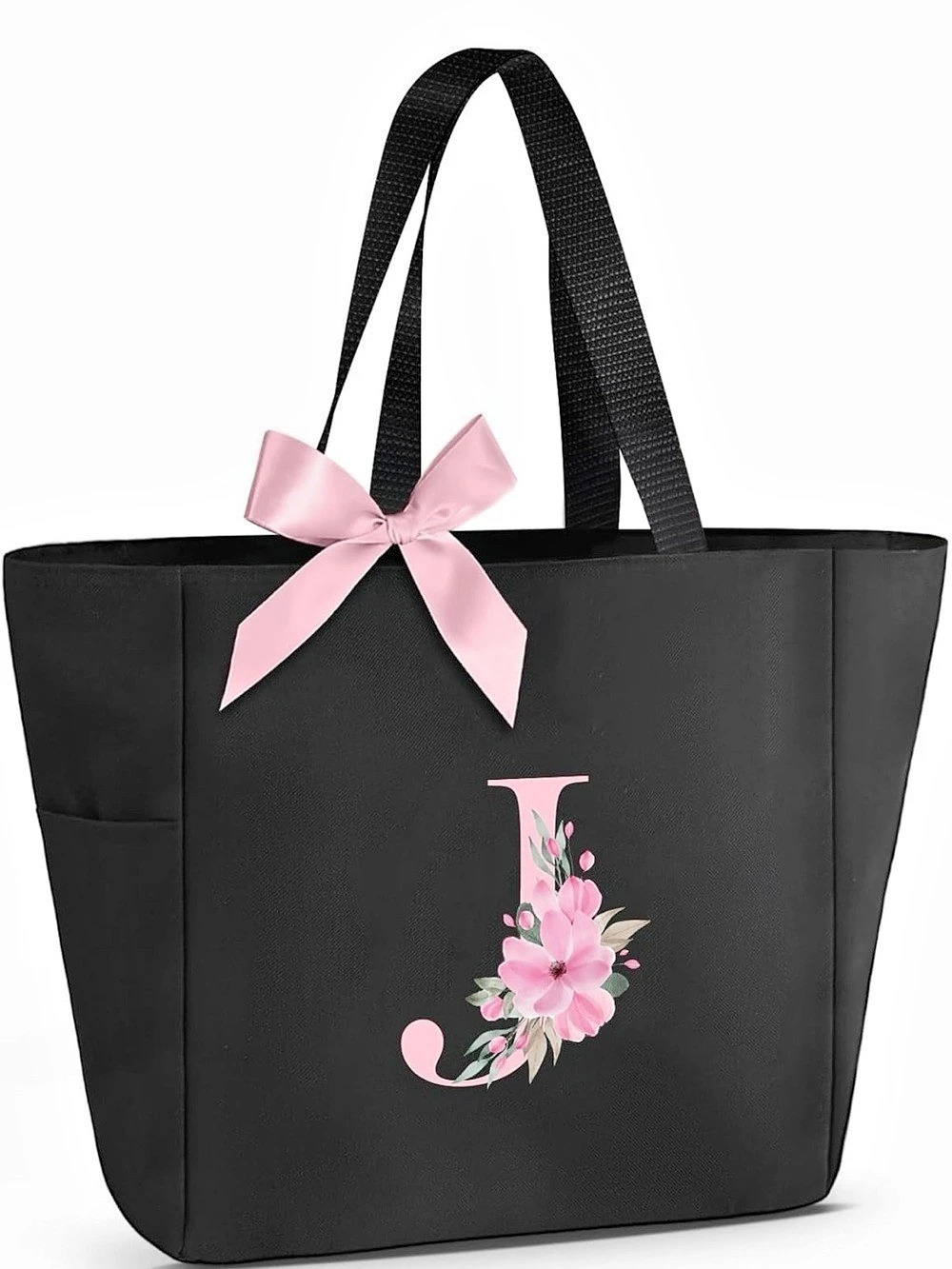 NWT Floral Black & Pink Personal Tote with “J” Initial Great Gift